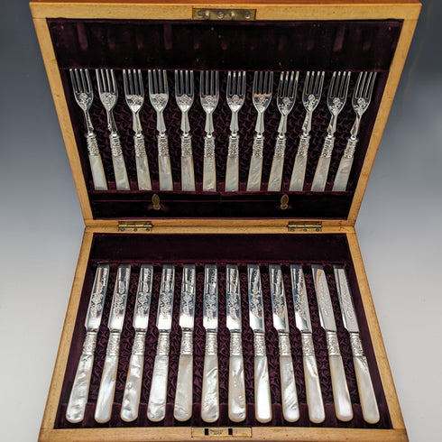1898 British antique white mother-of-pearl handle dessert cutlery set of 12 in wooden box